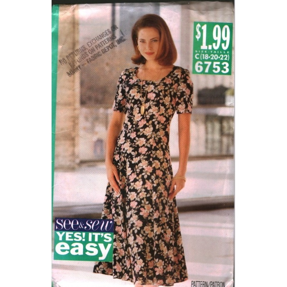 See & Sew 6753 Dress Pattern Misses Petite Semi-Fitted Flared Size 18-22 Vintage